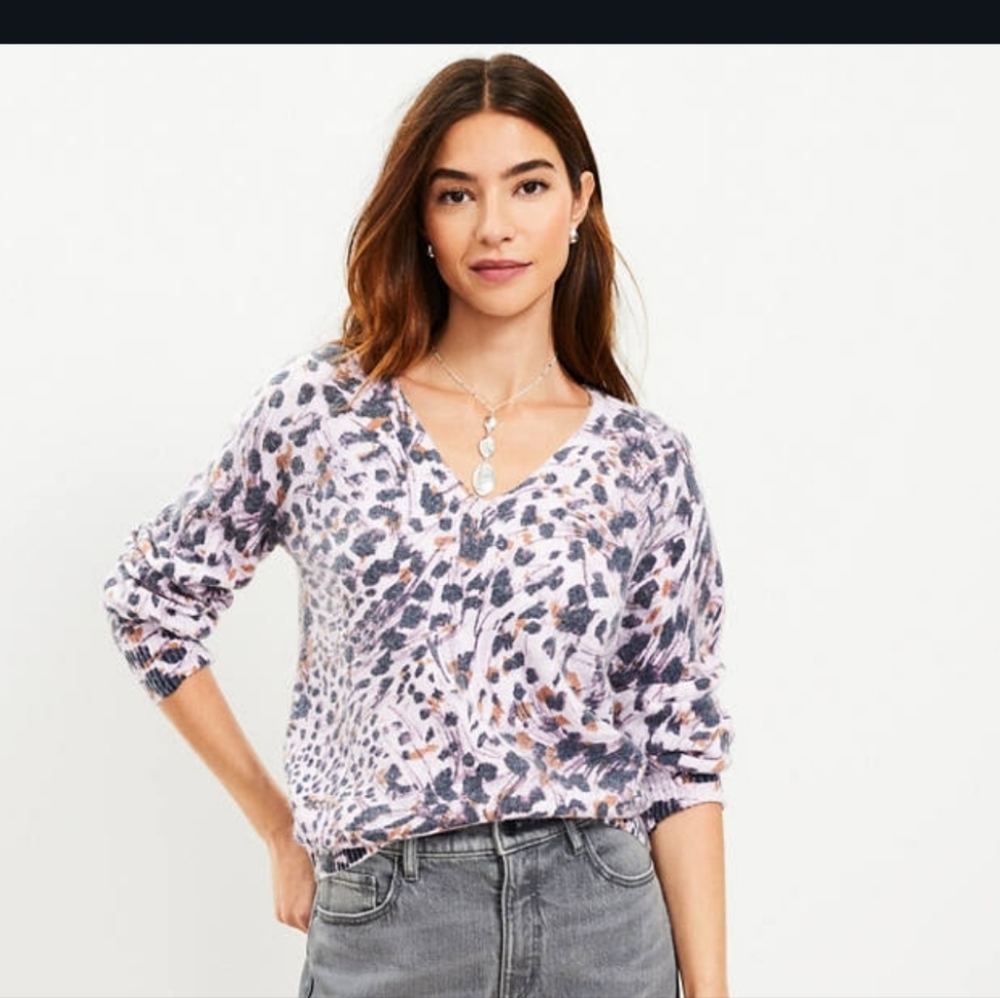 LOFT V-Neck Sweater - Pink Animal Print